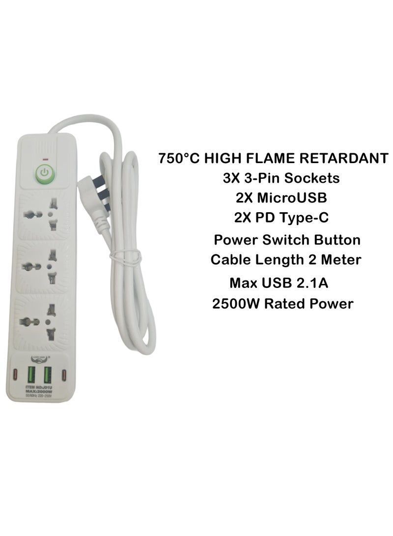 Lucky Hawk شريط تمديد الطاقة مع USB C و Micro USB، 3 منافذ 3 دبابيس، 2 منفذ PD Type-C و 2 منفذ Micro USB، 2500 واط، شريط طاقة مقاوم للاشتعال حتى 750°C مع مفتاح، سلك تمديد بطول 2 متر، محطة شحن مثبتة على الحائط باللون الأبيض - Image 2